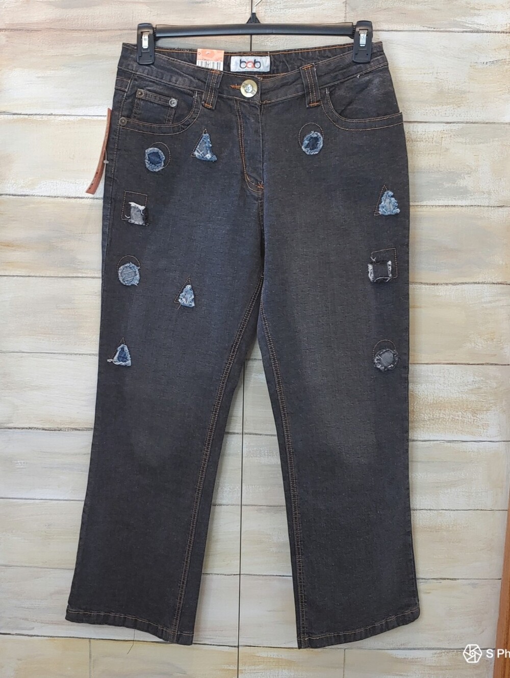 Y2K BQB women patch stitching black denim straight midrise jeans size 15 L  NWT